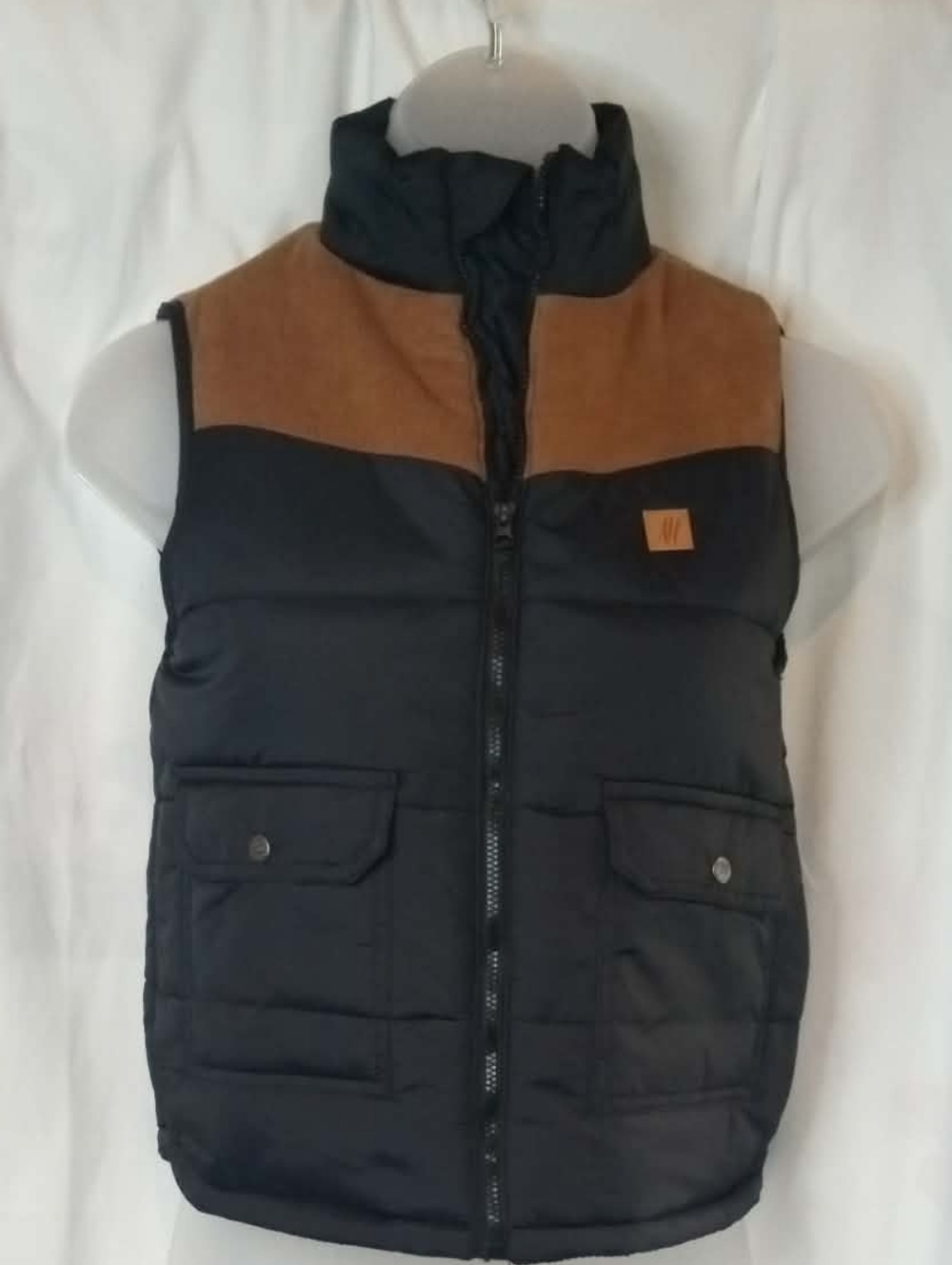 Boys Small Kids Black Brown Quilted Puffer Vest American Hawk Western Rodeo Zip